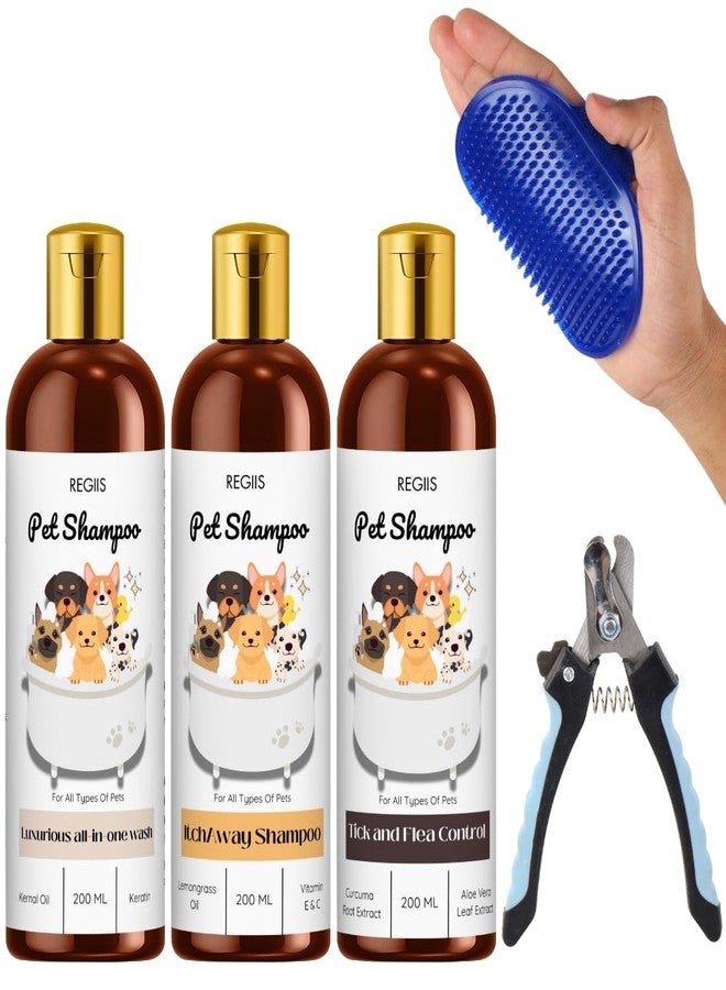 مجموعة شامبو للحيوانات الأليفة، مجموعة العناية بالكلاب مع غسول شامل، شامبو مضاد للحكة، شامبو للتحكم في القراد والبراغيث، مقص أظافر، فرشاة تدليك، 200 مل، 3 زجاجات (عبوة من 5 زجاجات) - Image 1